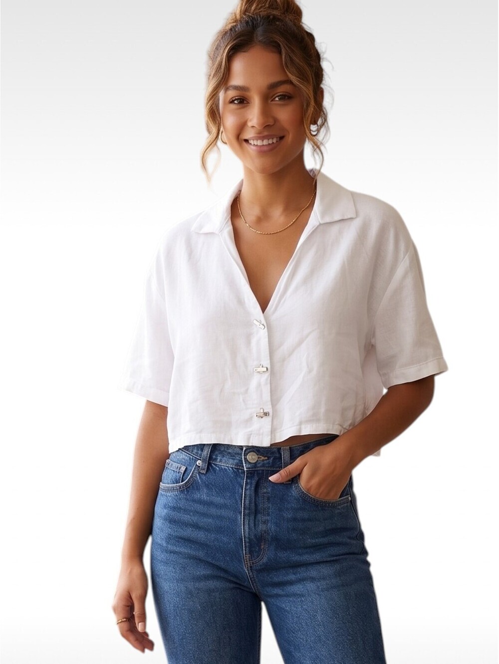 Kirious Los Angeles White Linen Blend Cropped Button Down Shirt Size M